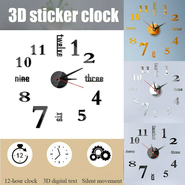 3D DIY Wall Clock Self-adhesive Decal Acrylic Mirror Sticker Home Office Decor